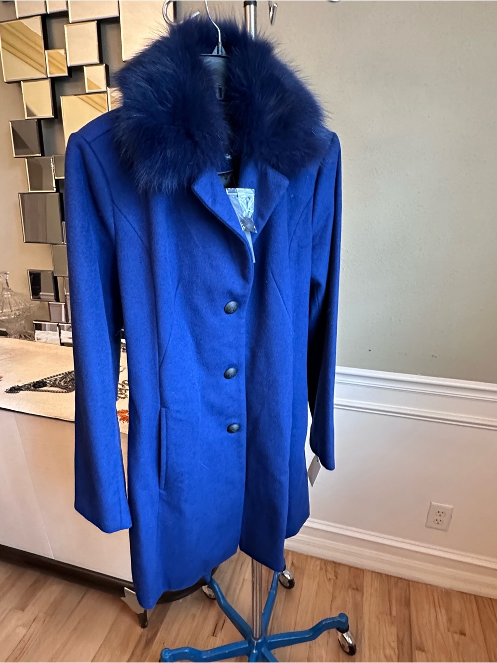 Andrew Marc Royal Blue Wool Pea Coat with Fur Collar